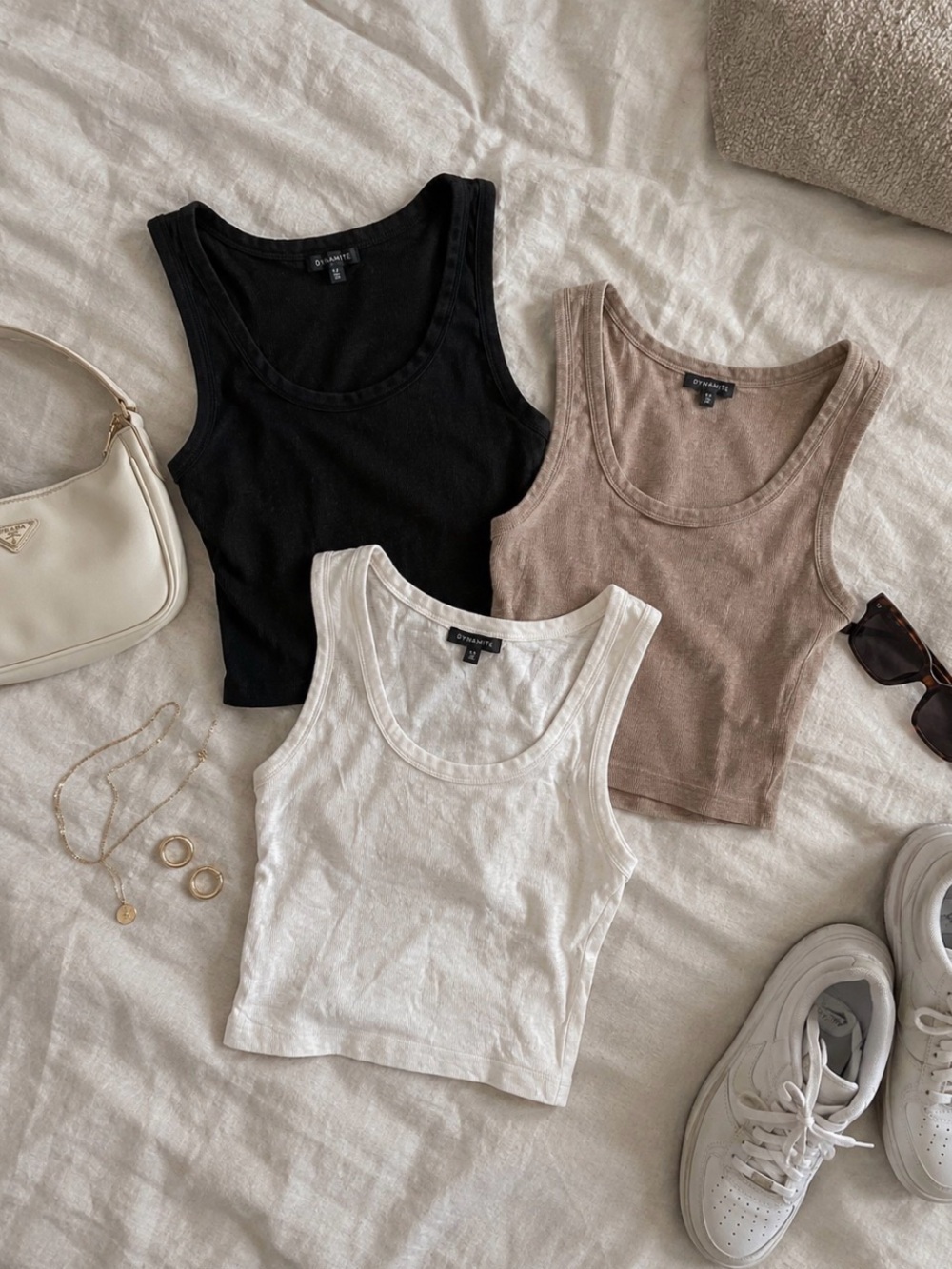 Dynamite 3-Piece Crop Tank Top Set 🤍🖤🤎 Ribbed - Black, White & Taupe